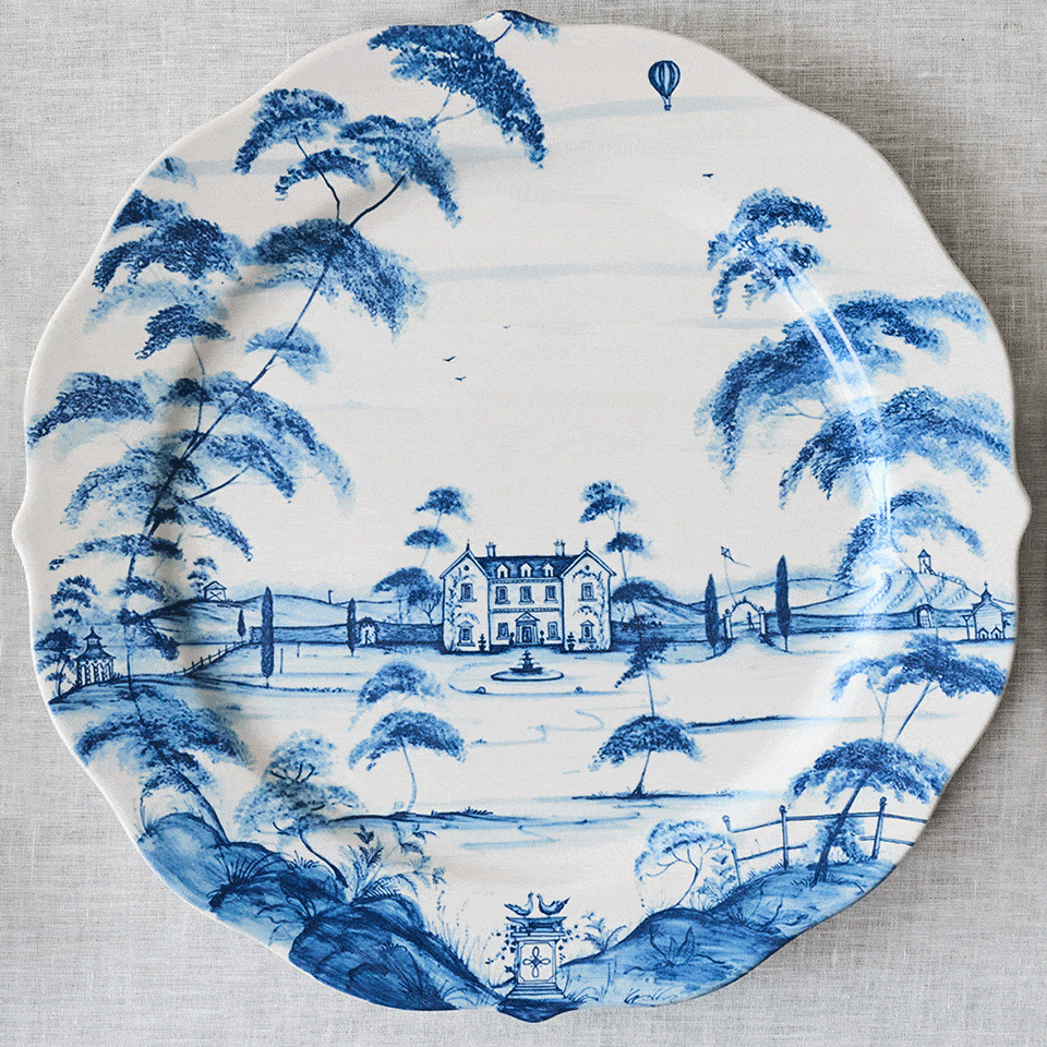 Moveable square gif featuring blue ceramic plates from Juliska. Collections featured include le panier, berry & thread, puro, country estate and sitio stripe. 