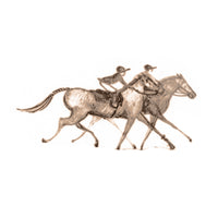 A sepia-toned sketch illustration of two riders on horseback galloping side by side, rendered in fine linework on a plain white background.