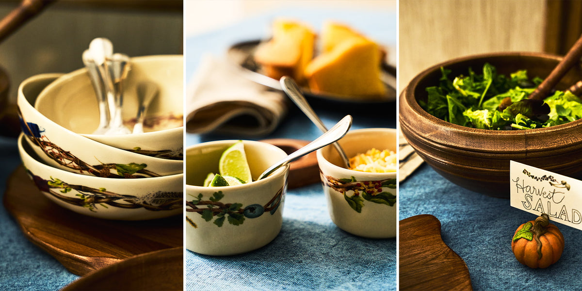 Three-panel collage showing a set of hand-painted ceramic bowls and cups with a rustic botanical design, styled in a cozy kitchen setting with food and a blue tablecloth.