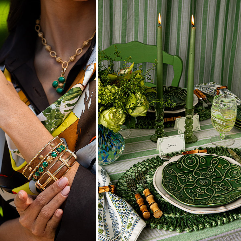 Green-themed table setting with decorative plates and candles, paired with a close-up of jewelry.