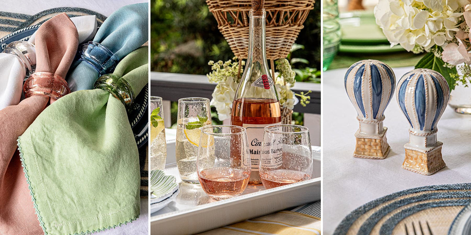 Set of images showing a hand holding a green napkin, a table setting with wine glasses and bottles, and decorative hot air balloon salt and pepper shakers.