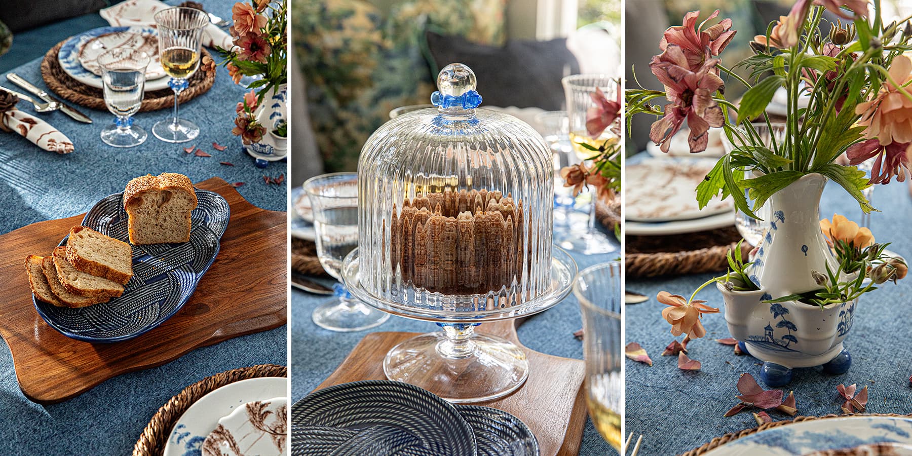 A three-panel collage showcasing a coordinated table setting with blue and beige ceramic plates, a ribbed glass dome over a cake, and a floral centerpiece in a white pitcher vase on a blue tablecloth.