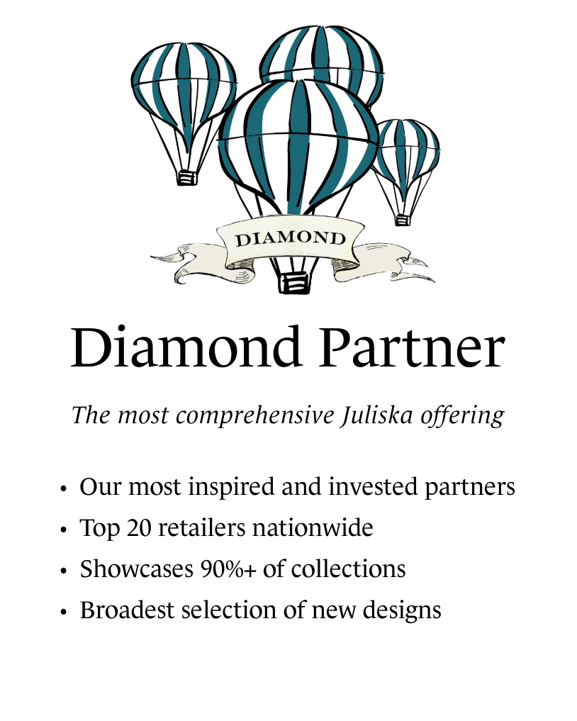 Diamond Partner. The most comprehensive Juliska offering. Our most inspired and invested partners. Top 20 retailers nationwide. Showcases 90%+ of collections. Broadest selection of new designs.