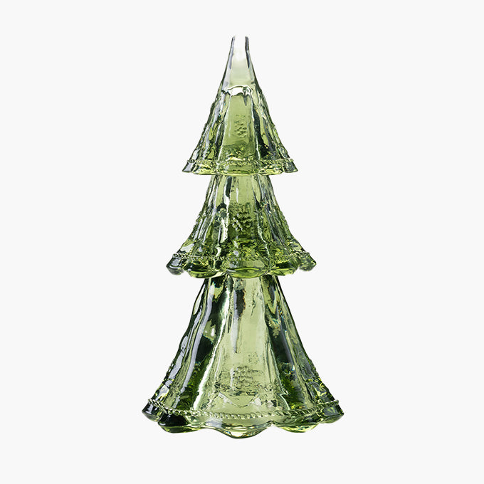 Green glass Christmas tree ornament on a white background