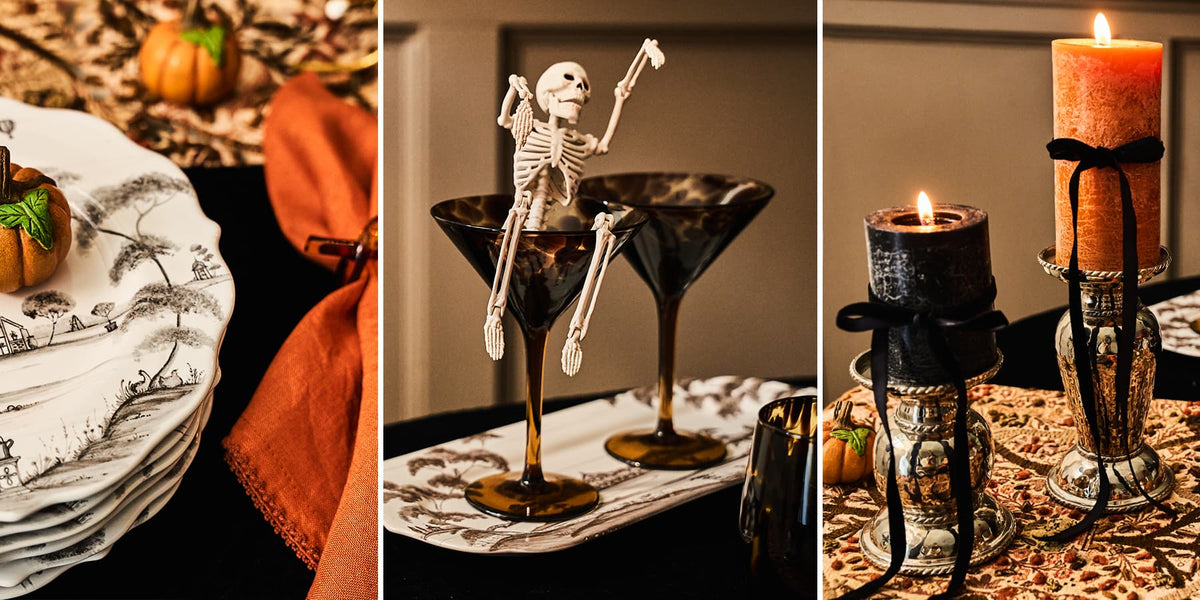 A three-panel collage showcasing Halloween-themed table decor. The left panel shows stacked white plates with a black landscape print, orange napkins, and small pumpkins.