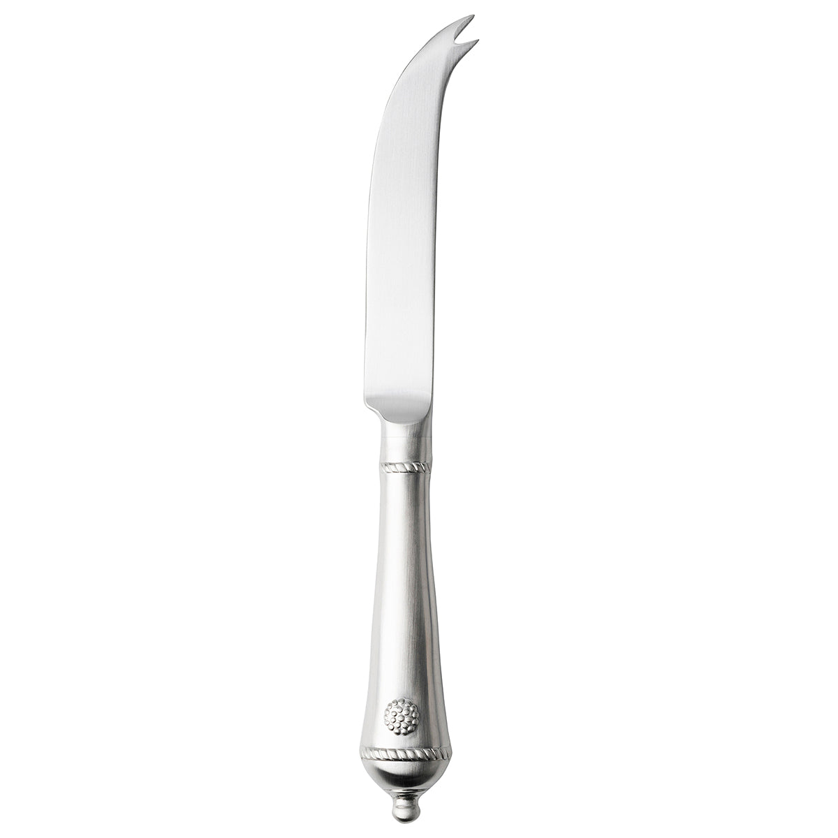 Silver butter knife with decorative handle on a white background