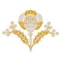 A decorative embroidered thistle patch featuring a gold and white floral design on a white background.