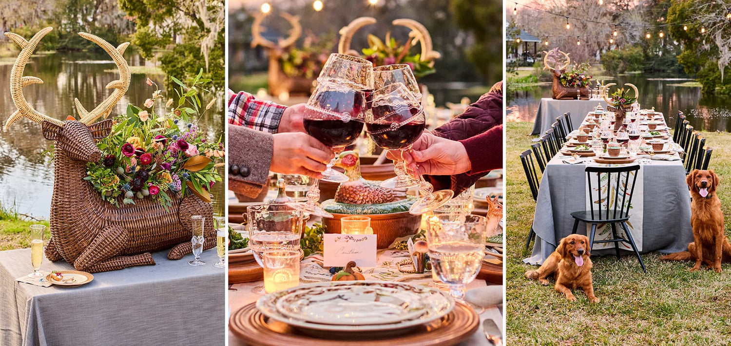 Collage of a festive outdoor dinner party with table settings, wine glasses, and a dog.