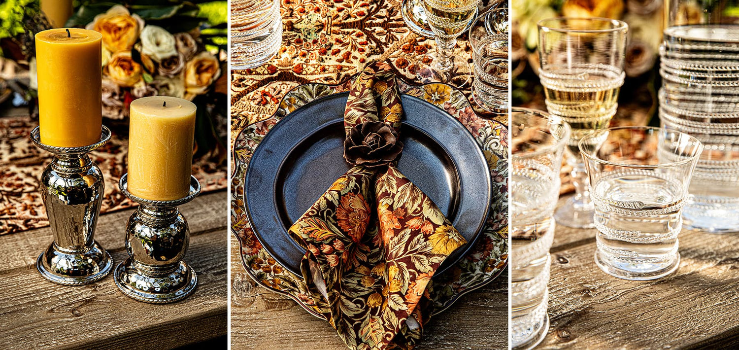 Collage of a table setting with candles, plates, and glasses on a wooden surface.