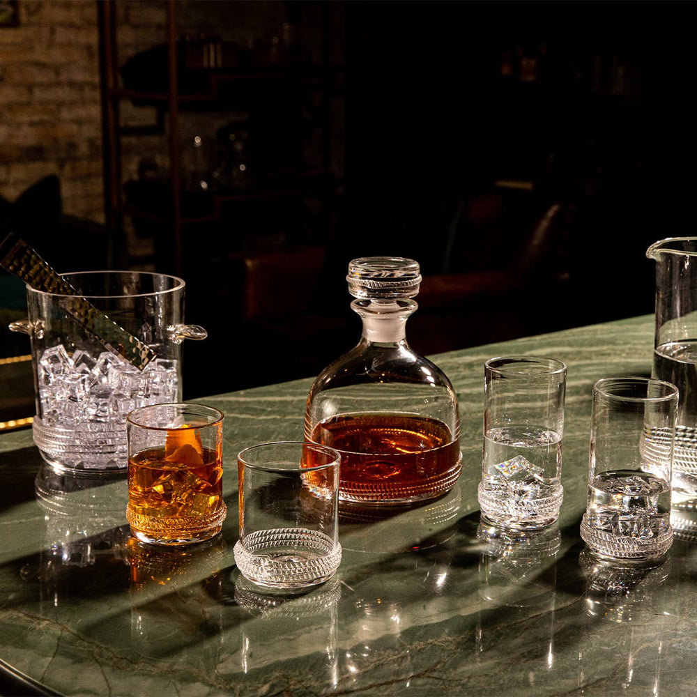 Dean Bohemian Glass barware with whiskey decanter and ice bucket ready for cocktail creations.