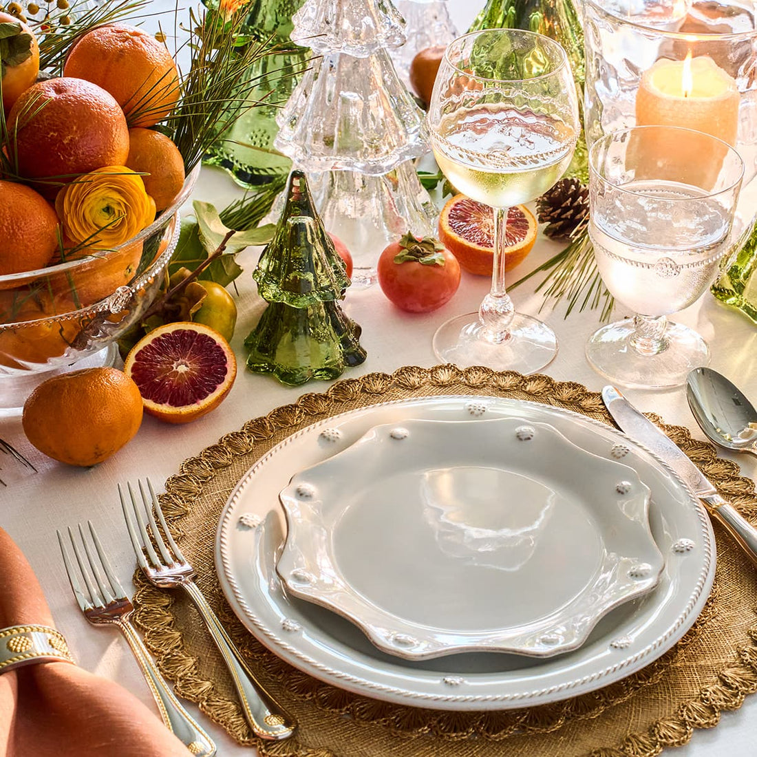 Berry & Thread whitewash plates within a tablescape with puro glassware