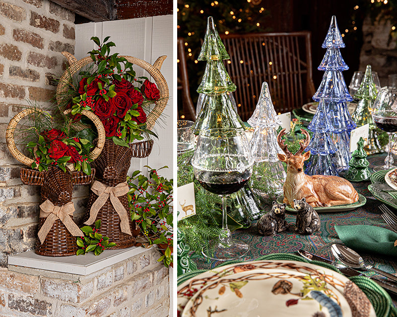 A split-screen holiday table decor scene. The left panel shows two woven wicker deer ornaments with antlers and red rose arrangements on a brick wall.