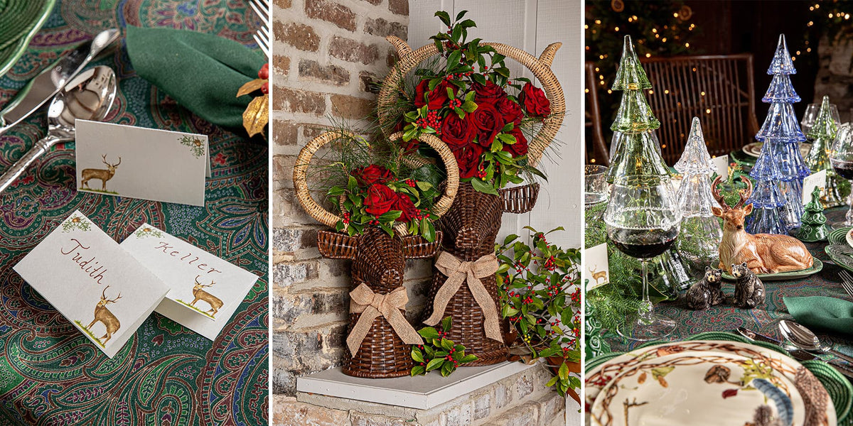 A three-panel collage showcasing rustic holiday table decor and centerpiece ideas. The left panel shows personalized place cards with deer illustrations on a patterned tablecloth.