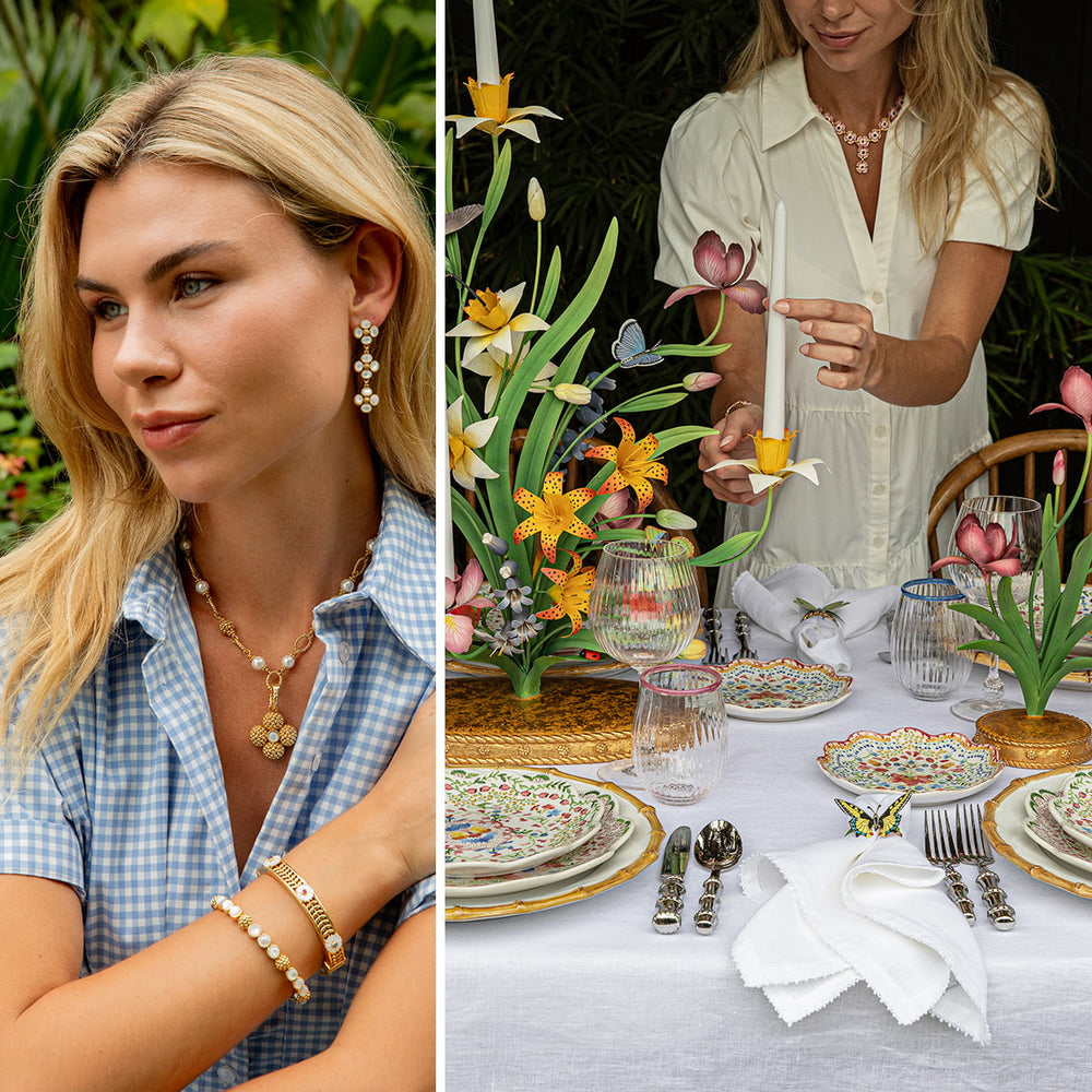 Woman with jewelry and a decorated table setting