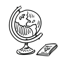Black and white line art illustration of a globe on a stand with a small book or booklet beside it, on a plain white background.