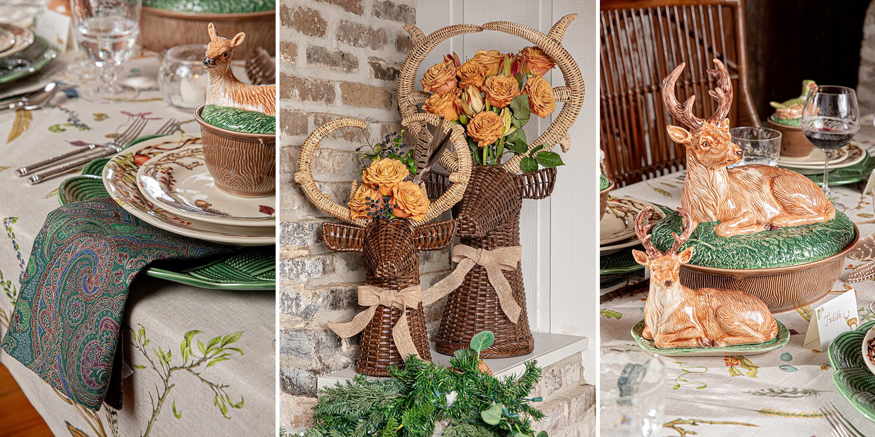 A three-panel collage showcasing rustic holiday table decorations, including ceramic deer figurines, woven wicker baskets with orange roses, and a green paisley runner on a floral tablecloth.
