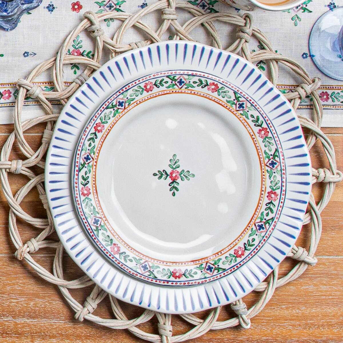 Heidi dessert plate stacked on sitio stripe dinner plate