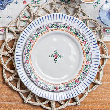 Heidi dessert plate stacked on sitio stripe dinner plate
