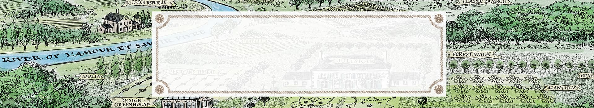 Decorative border with intricate patterns and text at the top and bottom, featuring a scenic landscape.
