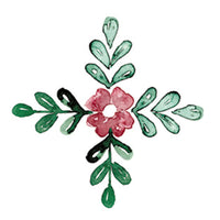 Decorative design with a pink flower and green leaves on a white background
