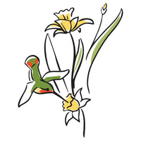 Illustration of a hummingbird and flowers on a white background