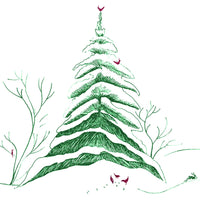 Whimsical hand-drawn illustration of a evergreen tree with red cardinals