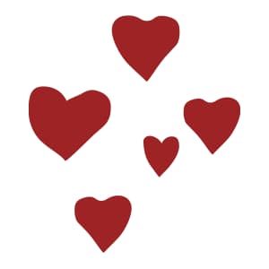 Five red heart shapes in different sizes scattered on a plain white background.
