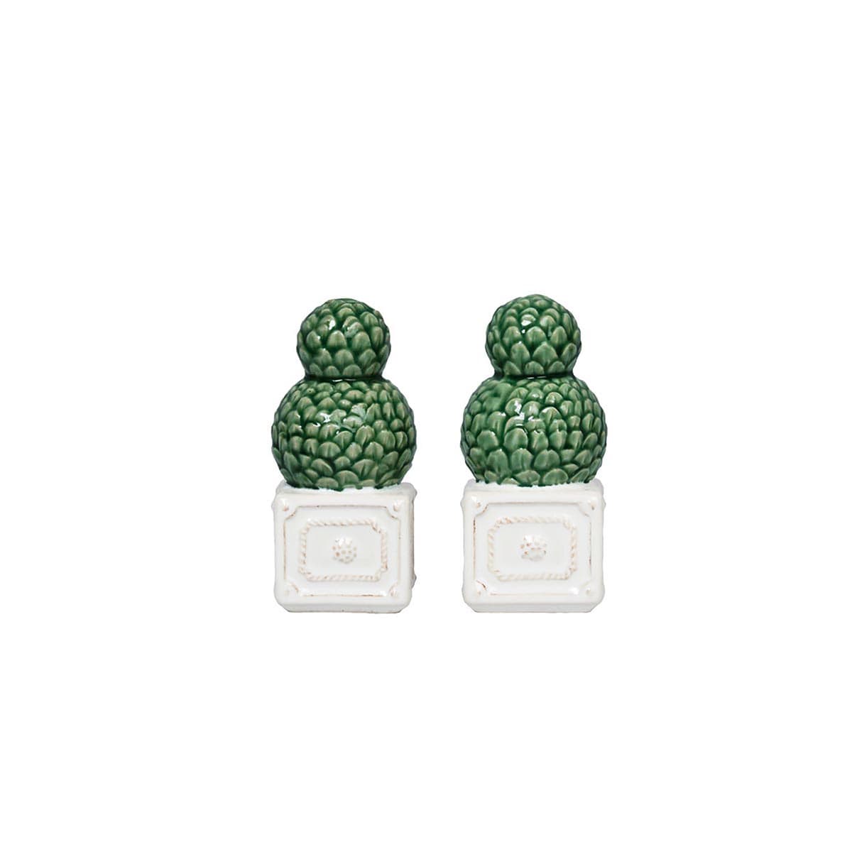 Instantly evocative of formal gardens found at resplendent European castles and estates, this hand-painted topiary set of salt and pepper shakers is a must-have addition to any spring or summer table setting. Equally chic and whimsical, you may want to keep them on the countertop in perpetuity (and they make a fabulous gift)!
