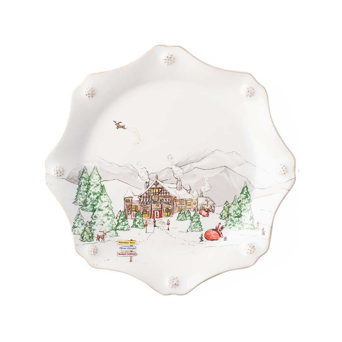 Scalloped plate with a painted design of Santa's workshop.