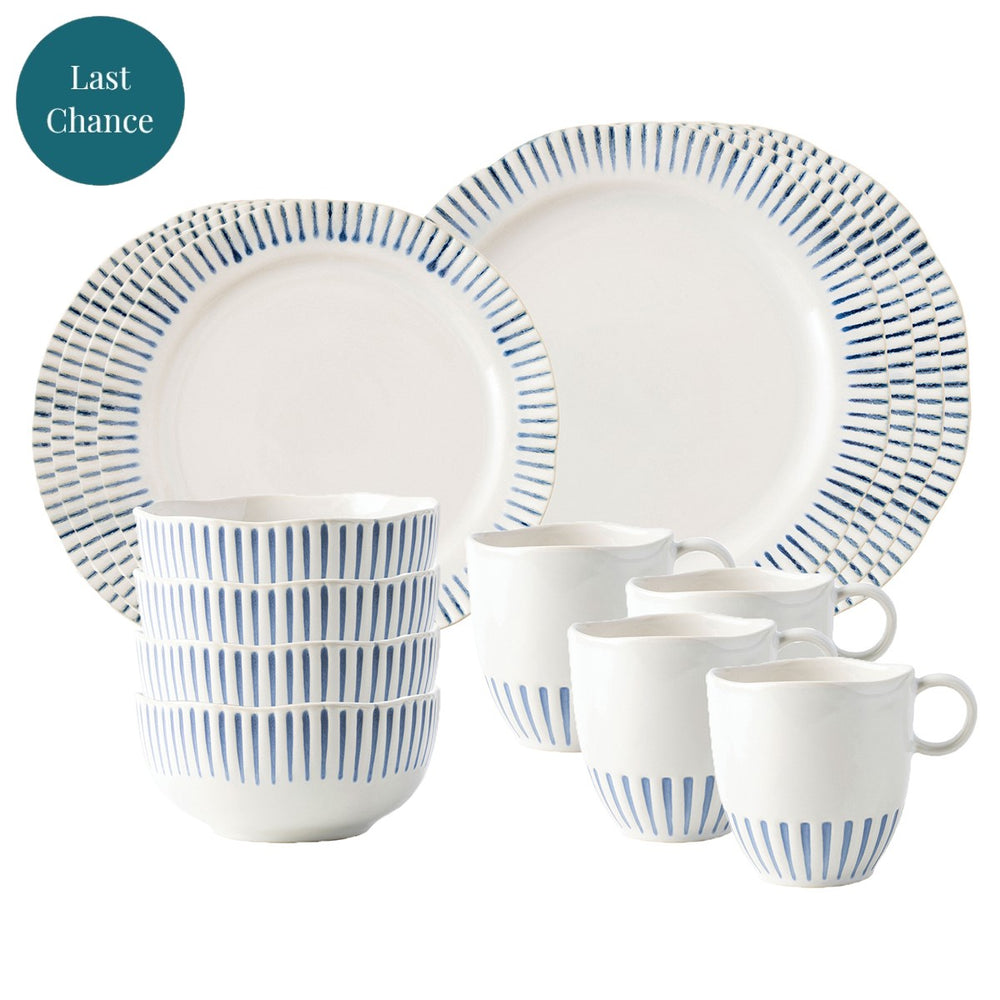 Equally stunning and simplistic, radiant stripes in breezy shades of blue adorn this dinnerware collection. This 16 piece set provides service for four and includes 4 dinner plates, dessert/salad plates, cereal/ice cream bowls and mugs.