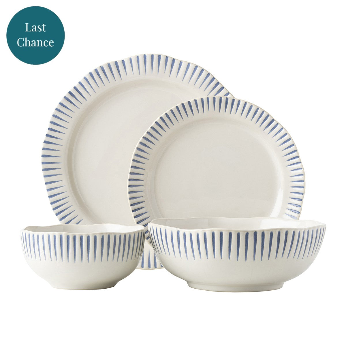 Equally stunning and simplistic, radiant stripes in breezy shades of blue adorn this dinnerware collection. This set includes a dinner plate, dessert/salad plate, cereal/ice cream bowl and a couple pasta bowl.