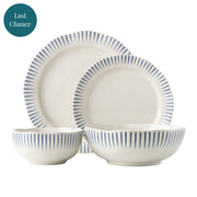 Equally stunning and simplistic, radiant stripes in breezy shades of blue adorn this dinnerware collection. This set includes a dinner plate, dessert/salad plate, cereal/ice cream bowl and a couple pasta bowl.