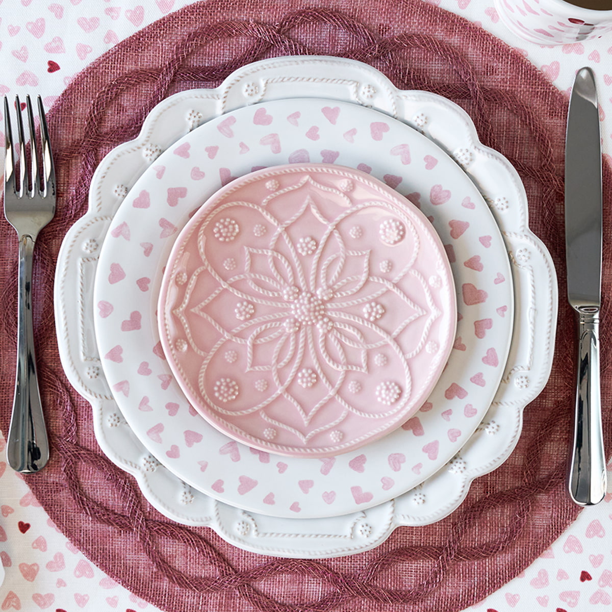 Place setting featuring Jardin Du Monde Whitewash and Blush, Love You More, and Bistro Flatware