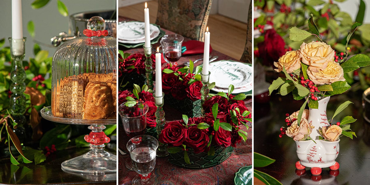 A three-panel collage showcasing rustic and vintage-inspired table decorations. The left panel features a glass cloche displaying a loaf of bread on a pedestal stand with red accents.
