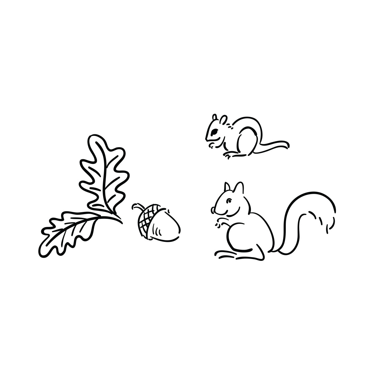 Illustrations of acorn and squirrels