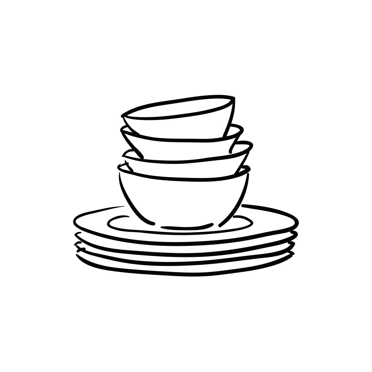 Stack of dinner plates and bowls illustration.