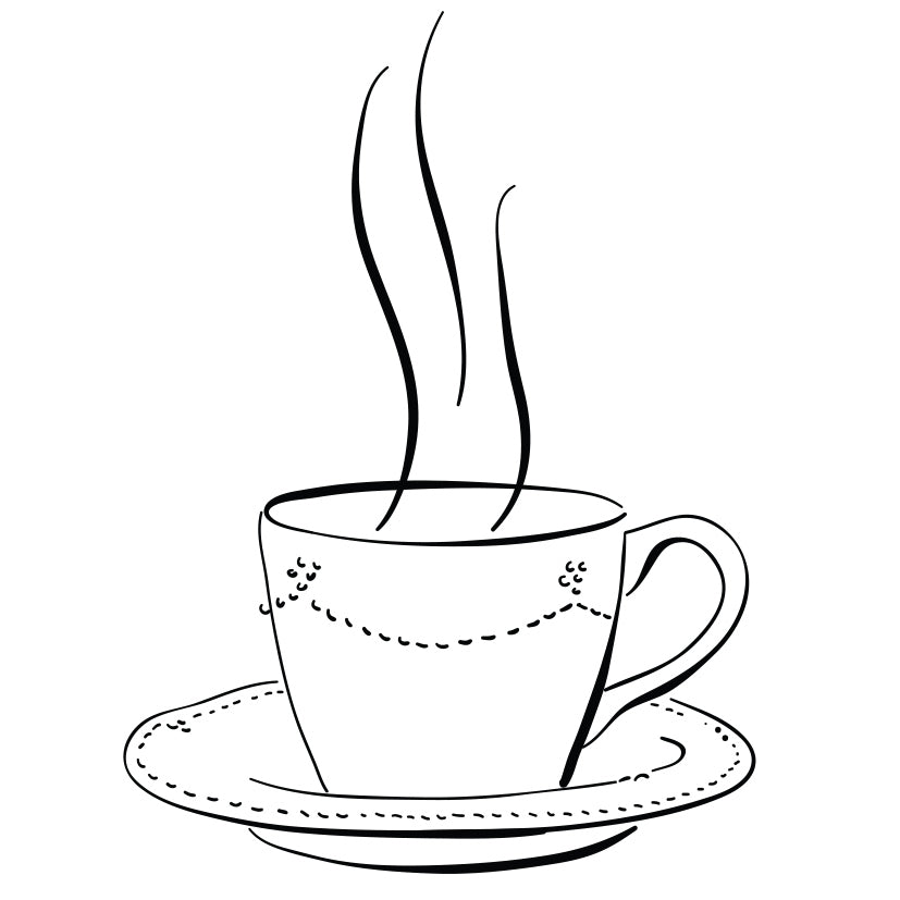 Black and white line drawing of a steaming cup of coffee on a saucer
