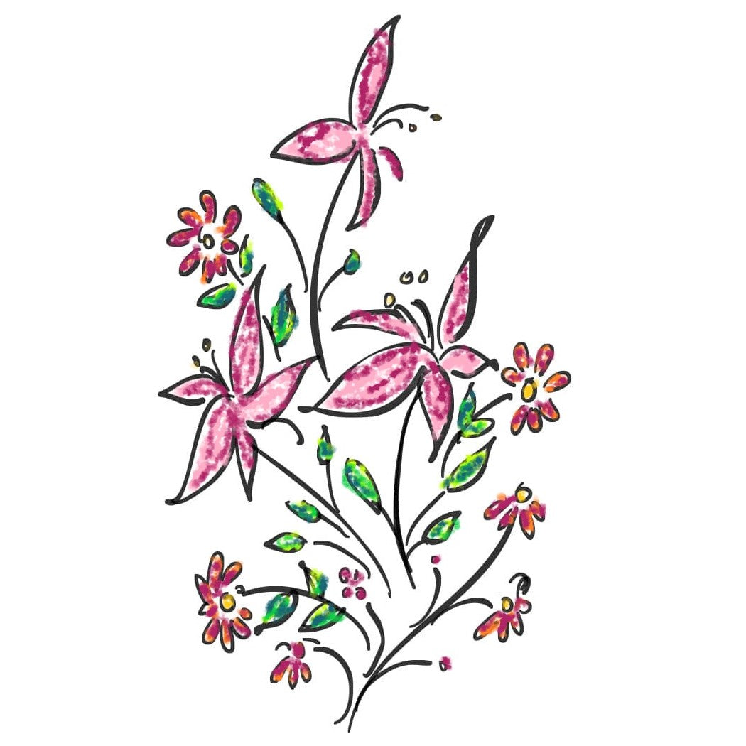 Dainty illustration of wild flowers in bright pinks and green.