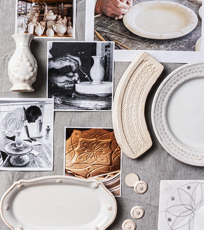 Collage of ceramic items, pottery making process, and finished ceramic pieces on a gray surface.