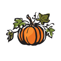A stylized orange pumpkin illustration with black outlines and green leaves on a plain white background.