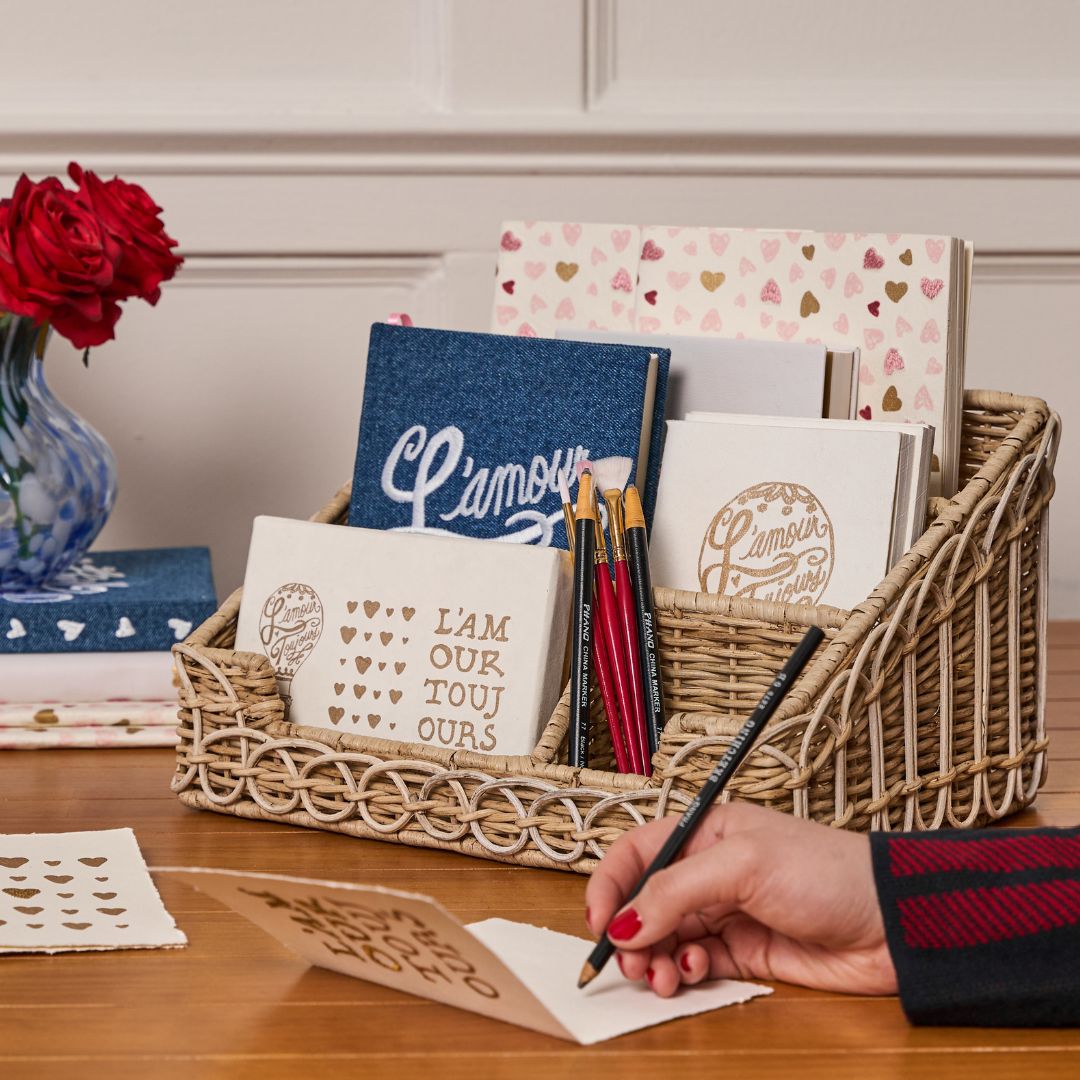 Image of stationary holder with journal and notecards stored in the holder