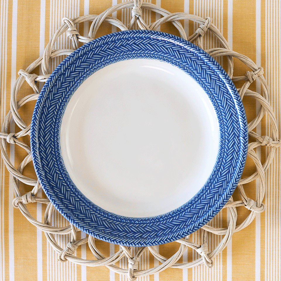 Moveable gif featuring a variety of blue and yellow plates stacked on a yellow tablecloth