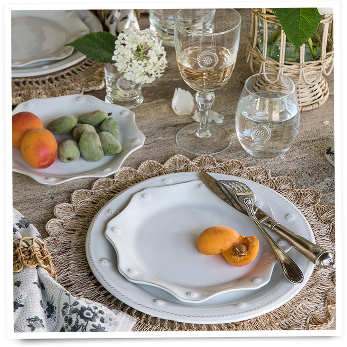 A classic Berry \u0026 Thread place setting, complete with flatware and everyday glassware.