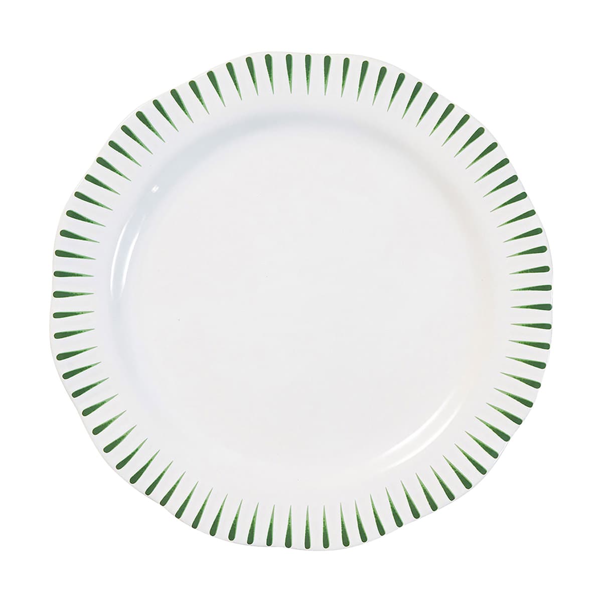 Rimmed with radiant stripes symbolizing the endless paths of awaiting journeys, this versatile dinner plate in verdant Basil green is up for every culinary adventure, from morning to night. Ideal for mixing and matching with other collections - and infinite occasions - the simultaneously lush and fresh motif is perfect for everything from garden party brunch to Italian dinner served under the stars.