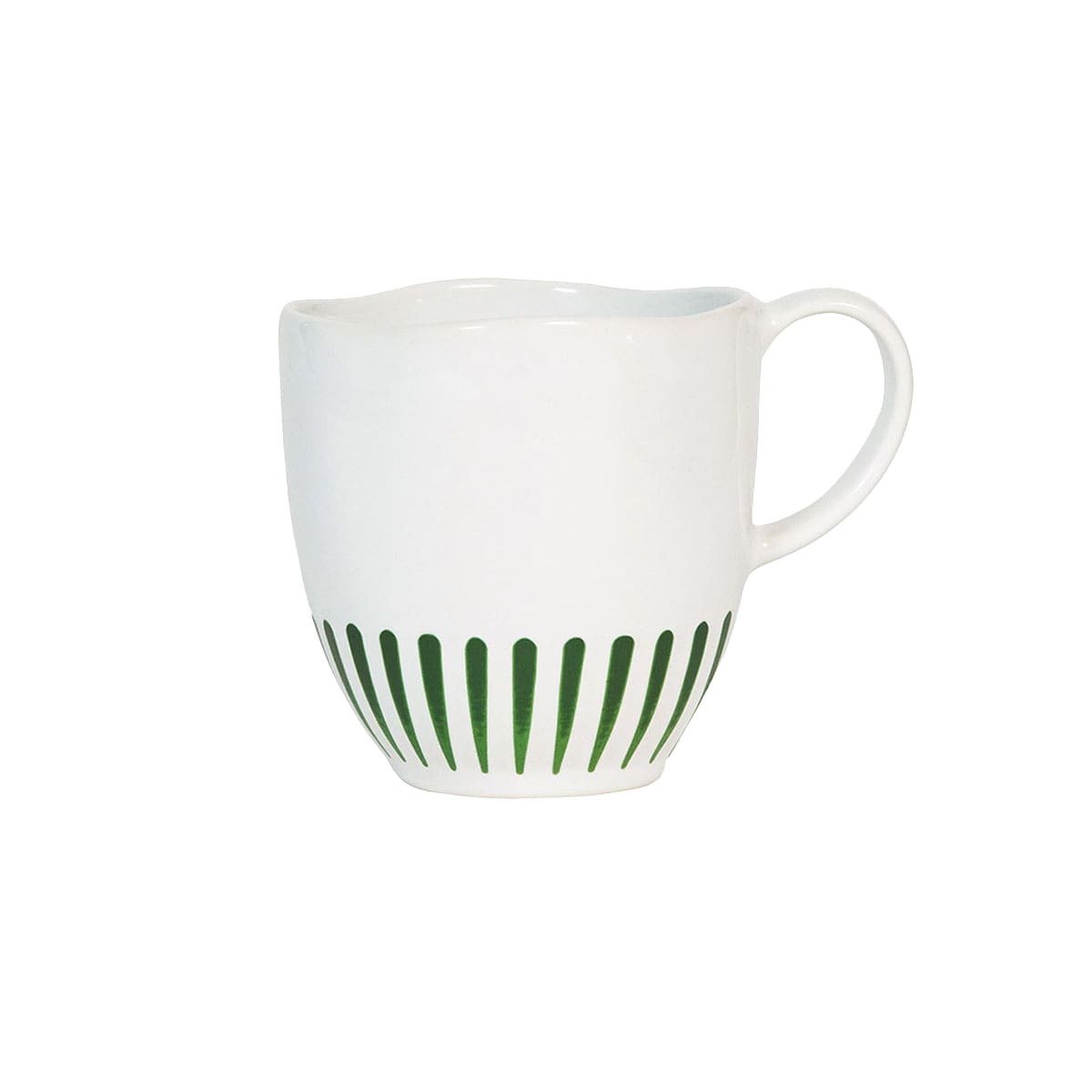Whitewashed mug with basil green stripes painted near the bottom.