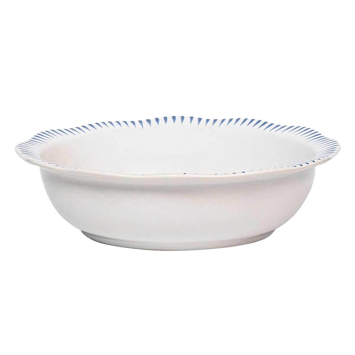 This fresh serving bowl radiates classic beauty with its subtly scalloped rim that is clad in Delft blue stripes to put an exclamation point on whatever it contains, from vibrant salads to fresh peach cobbler.