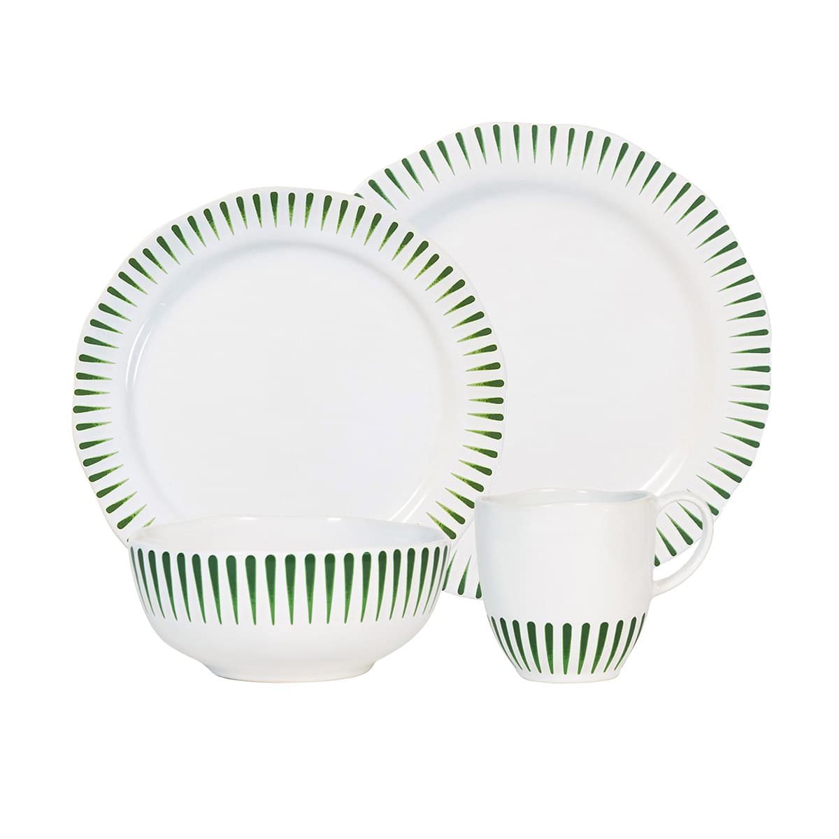 Inspired by the idyllic town of Sitio, Portugal, comes a fresh and relaxed pattern that puts an artistic exclamation point on everything within its frame of radiating stripes in verdant Basil green. This set includes a dinner plate, dessert/salad plate, cereal/ice cream bowl and a mug.