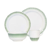 Inspired by the idyllic town of Sitio, Portugal, comes a fresh and relaxed pattern that puts an artistic exclamation point on everything within its frame of radiating stripes in verdant Basil green. This set includes a dinner plate, dessert/salad plate, cereal/ice cream bowl and a mug.