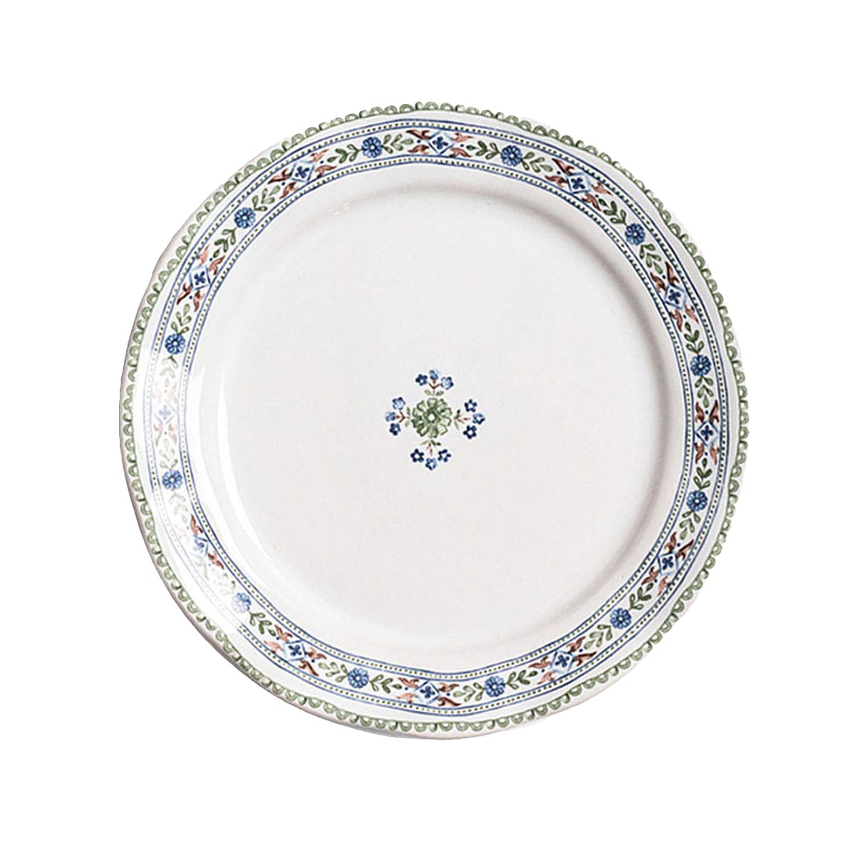 Classically pretty, the intricately painted rim of this plate is designed for layering or to stand alone, with its versatile palette of verdant greens and balmy blues upon a bright white background.