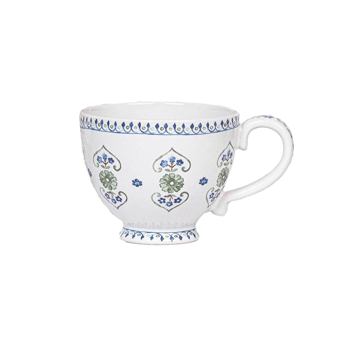 A fresh take on Seville's romantic, folkloric florals, this generous breakfast cup is designed for coffee, tea, and anything else delicious and soothing. We especially adore the sculptural handle, tiny foot and intricate trim adorning the top and bottom.